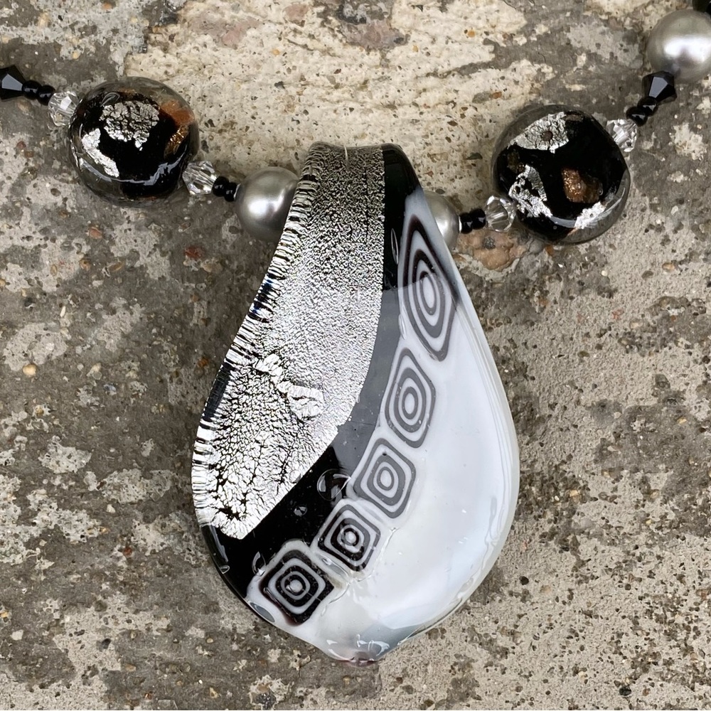 Fused Glass Black & White Necklace and Earrings Set